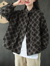 Women Plaid Retro Loose Stand Collar Long Sleeve Shirt